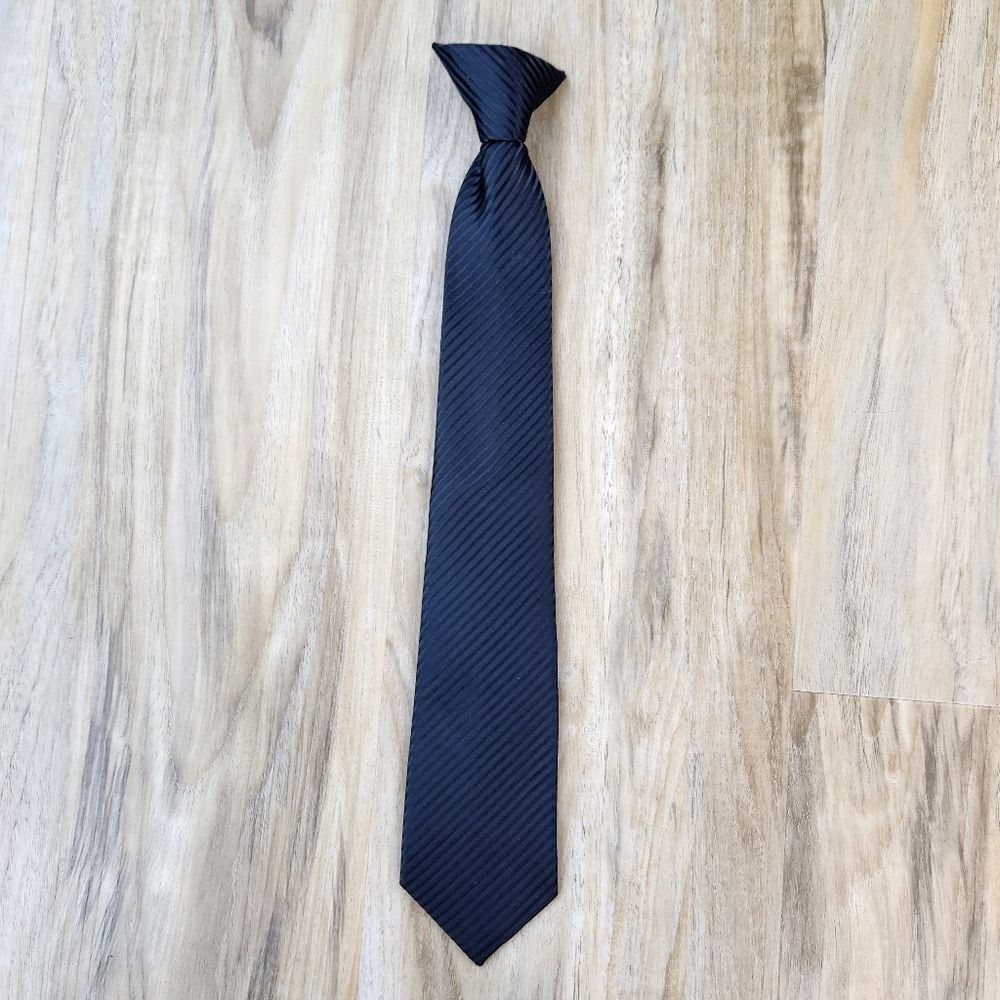 💜Black Satin Striped Pre-Tied Clip-on Tie Youth Large 12/14
